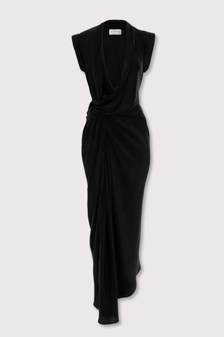 flat lay Twist Detail CDC Dress Black Asymmetric, drape midi dress
High shine jersey bodice
Crepe de chine skirt
Wrap front neckline with button &amp; thread loop closure
Short roll sleeve
Twist drape waist detail
Front skirt split
Concealed side zip