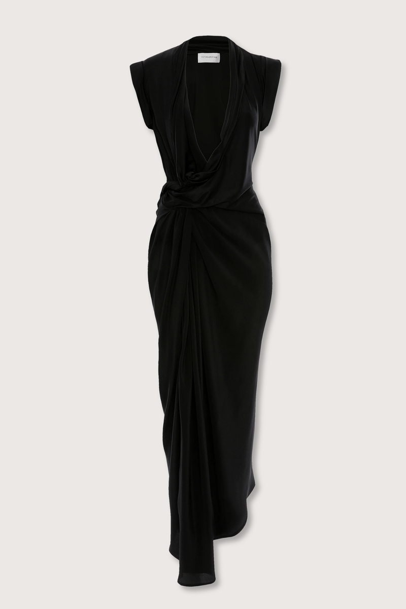 flat lay Twist Detail CDC Dress Black Asymmetric, drape midi dress
High shine jersey bodice
Crepe de chine skirt
Wrap front neckline with button &amp; thread loop closure
Short roll sleeve
Twist drape waist detail
Front skirt split
Concealed side zip