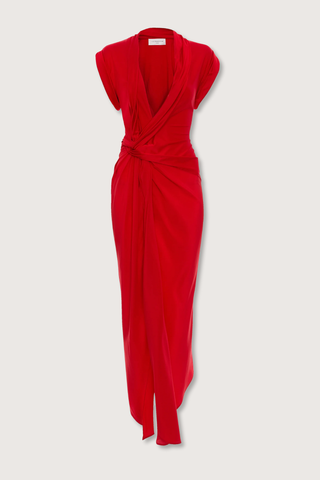 flat lay Twist Detail CDC Dress Red Asymmetric, drape midi dress
High shine jersey bodice
Crepe de chine skirt
Wrap front neckline with button &amp; thread loop closure
Short roll sleeve
Twist drape waist detail
Front skirt split
Concealed side zip