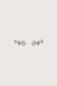 flat lay Two Moonstones and Rose Cut Diamond Earring 14k light yellow gold earrings
Two moonstones
One rose cut diamond
The stones come in a gradient of light iridescent tones