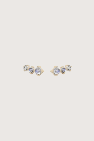 flat lay Two Moonstones and Rose Cut Diamond Earring 14k light yellow gold earrings
Two moonstones
One rose cut diamond
The stones come in a gradient of light iridescent tones