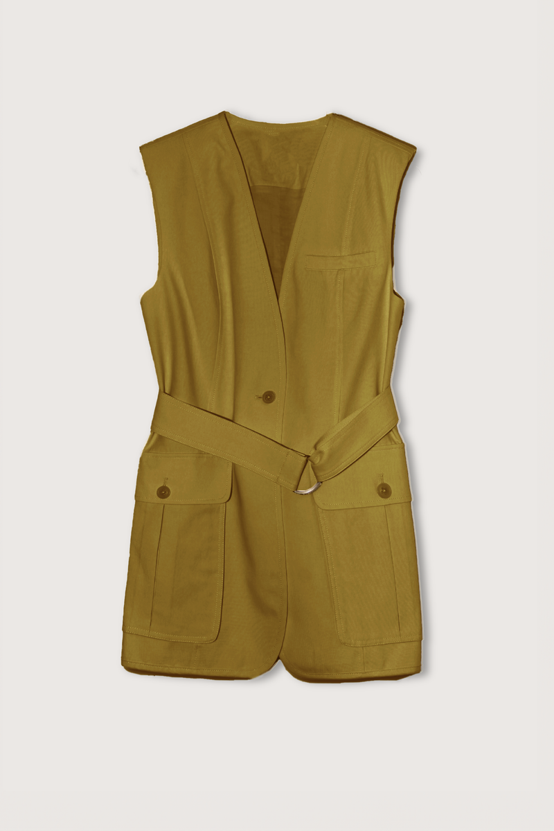 flat lay Twyla Cotton Tencel Suiting Vest Linchen green with two front pockets and d-ring belt