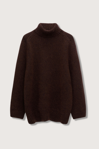 flat lay Urban T-NK Favorites Sweater Dark Chocolate brown turtleneck long fit Double layer ribbed knit,
Shoulder seams angle to the front