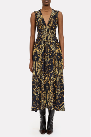 front profile model wearing Ursula Deep V-Neck Jersey Dress twilight black and yellow Printed jersey
Soft yet sculpted shape
Allover motifs
Gentle gathering at the waist
91% rayon, 9% elastane
V-neckline
Pull on style
Sleeveless, midi
Draped throughout, flared skirt
Gathering at waist