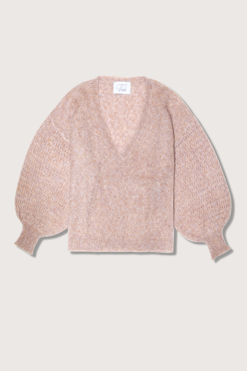 flat lay V-Neck Balloon Sleeve Taupe Melange