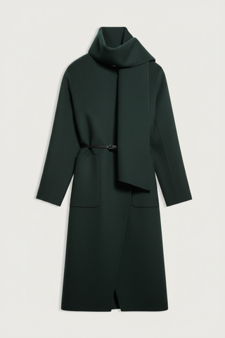 flat lay Valeran Coat With Scarf vert green Long length coat
Removable scarf 
Removable belt
Asymmetrical panels allow
Patch pockets at the front
Large slits at the sides
80% Wool 20% Polyamide