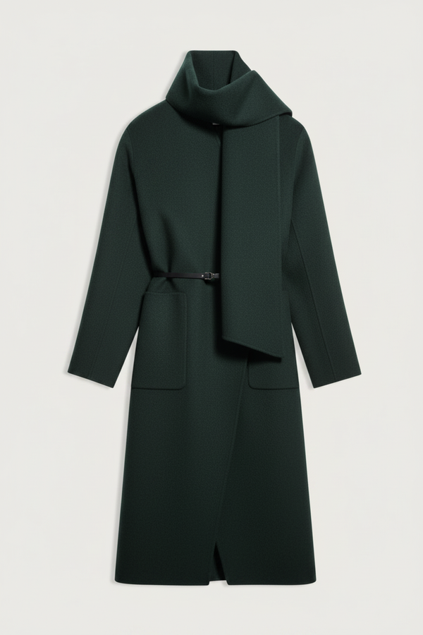 flat lay Valeran Coat With Scarf vert green Long length coat
Removable scarf 
Removable belt
Asymmetrical panels allow
Patch pockets at the front
Large slits at the sides
80% Wool 20% Polyamide