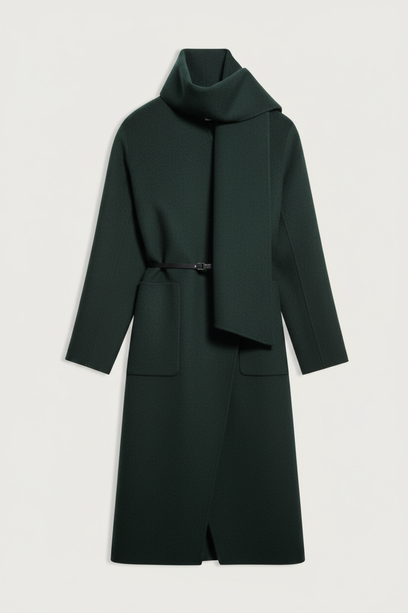 flat lay Valeran Coat With Scarf vert green Long length coat
Removable scarf 
Removable belt
Asymmetrical panels allow
Patch pockets at the front
Large slits at the sides
80% Wool 20% Polyamide