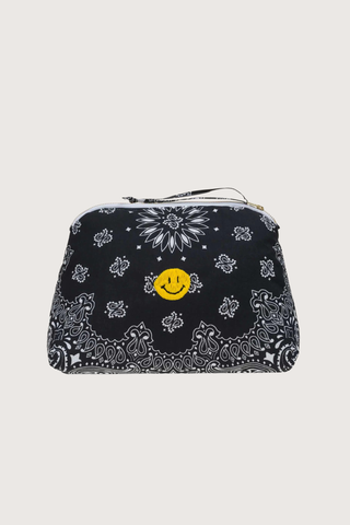 front profile Vanity Large Bag With embroidered Happy Face Black cotton bandana with zipper