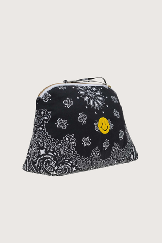 side profile Vanity Large Bag With embroidered Happy Face Black cotton bandana with zipper