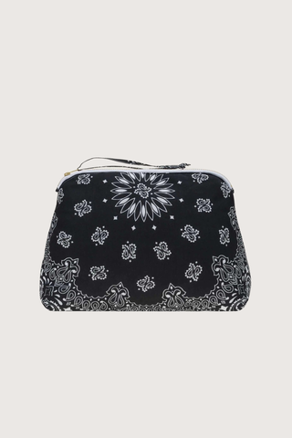 back profile Vanity Large Bag With embroidered Happy Face Black cotton bandana with zipper