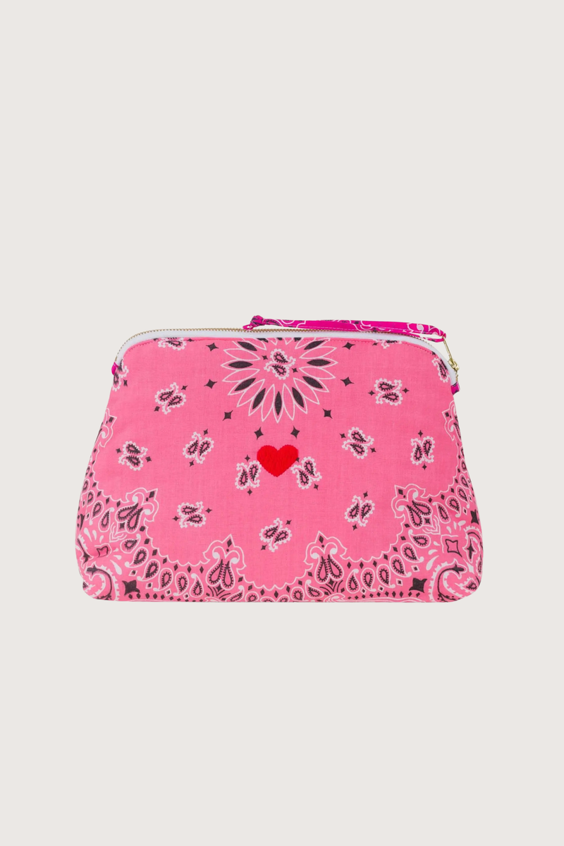 flat lay Vanity Large Bag With embroidered Heart Strawberry/Fuchsia cotton bandana with zipper