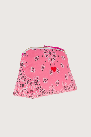 side profile Vanity Large Bag With embroidered Heart Strawberry/Fuchsia cotton bandana with zipper