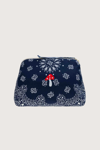 flat lay Vanity Large Bag With embroidered Mushroom Navy/Chambray bandana cotton with zipper 
