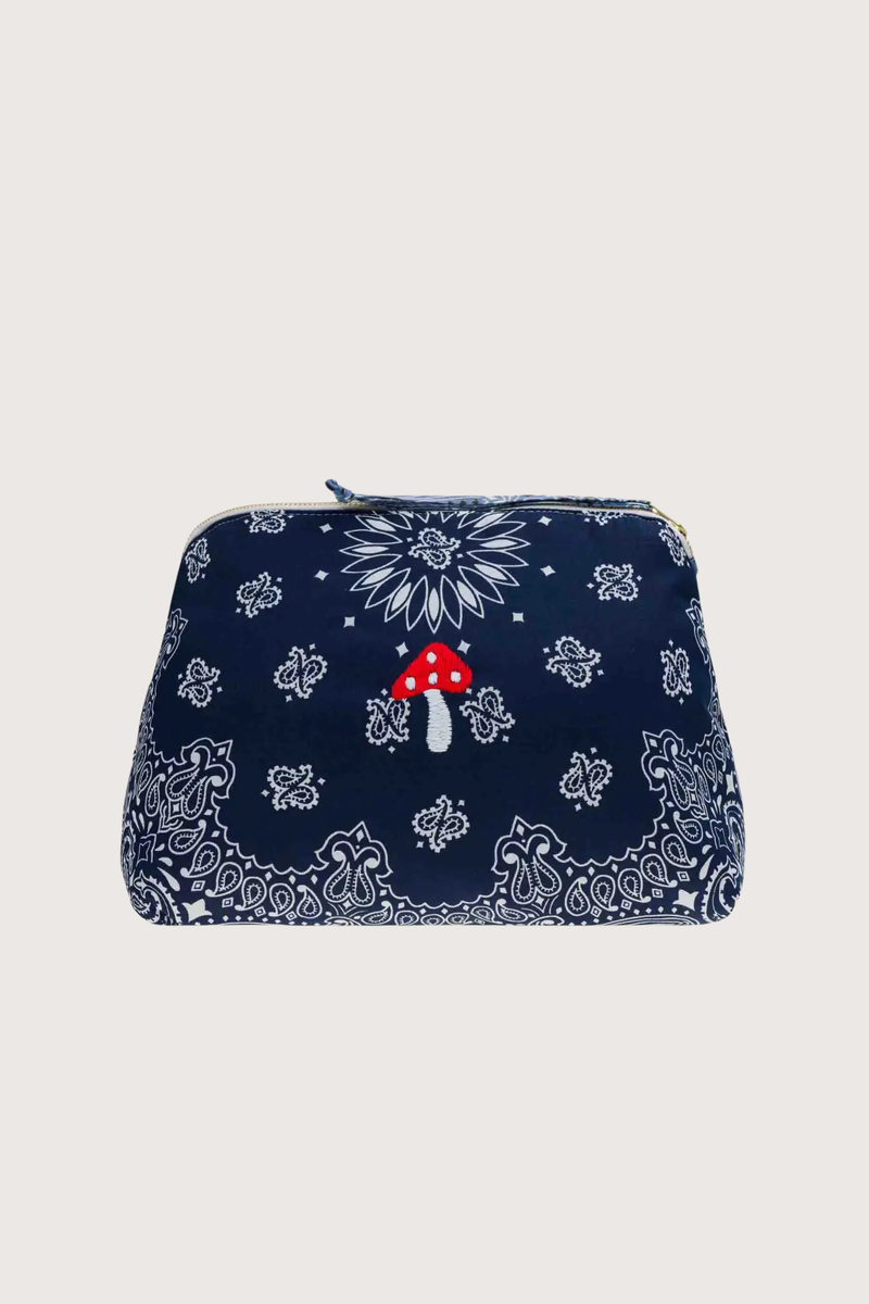 flat lay Vanity Large Bag With embroidered Mushroom Navy/Chambray bandana cotton with zipper 