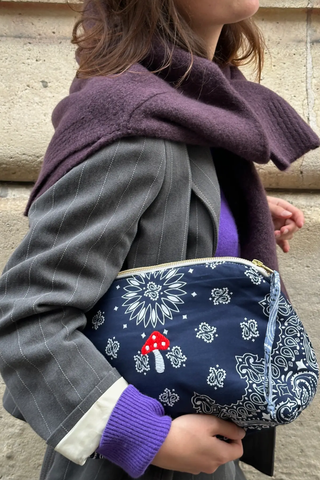 model wearing Vanity Large Bag With embroidered Mushroom Navy/Chambray bandana cotton with zipper 