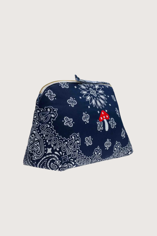 side profile Vanity Large Bag With embroidered Mushroom Navy/Chambray bandana cotton with zipper 