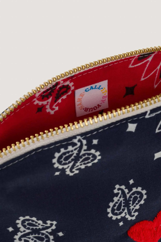 close up inside logo Vanity Small / embroidered Heart Navy / Real Red cotton bandana with zipper