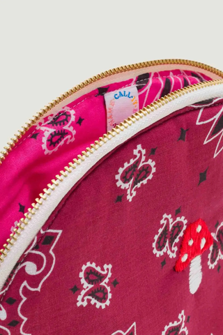 close up inside logo  Vanity Small / embroidered Mushroom Bordeaux / Fuchsia cotton bandana with zipper