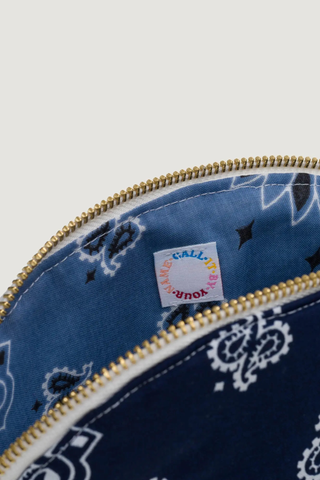 close up inside logo Vanity Small / embroidered Mushroom Navy / Chambray cotton bandana with zipper