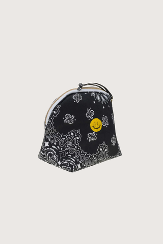 side profile Vanity Small / embroidered Happy Face All Black cotton bandana with zipper