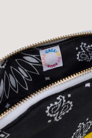 close up inside logo Vanity Small / embroidered Happy Face All Black cotton bandana with zipper