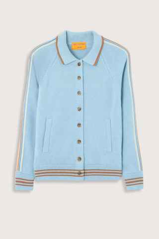 flat lay Varsity Jacket Cotton/Cashmere clear sky blue MID-WEIGHT VARSITY JACKET
ATHLETIC STRIPE TAPE AT SLEEVE CENTER
STRIPED RIB HEM AND SLEEVE CUFF
FRONT POCKETS
FRONT BUTTON CLOSURE
RIB POLO COLLAR WITH CONTRAST COLOR TIPPING
RAGLAN ARMHOLE
BACK NECK GIR BRANDING