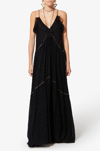 front profile model wearing Vasma Maxi Dress Long organic cotton voile golden polka dot print dress
Low-cut V-neckline
Thin straps and racerback
Frills with embroidered finish and broderie anglaise details
Lined
Flared cut and asymmetrical hem
100% cotton