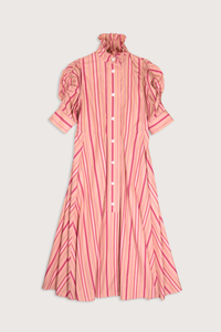 flat lay Venetia Stripe Short Sleeve Dress  biscuit pink stripe High neck with ruffle trim
Button front closure
Puff sleeves
Ruched sleeve with thick cuffs
Midi length
Vertical stripes
100% Cotton