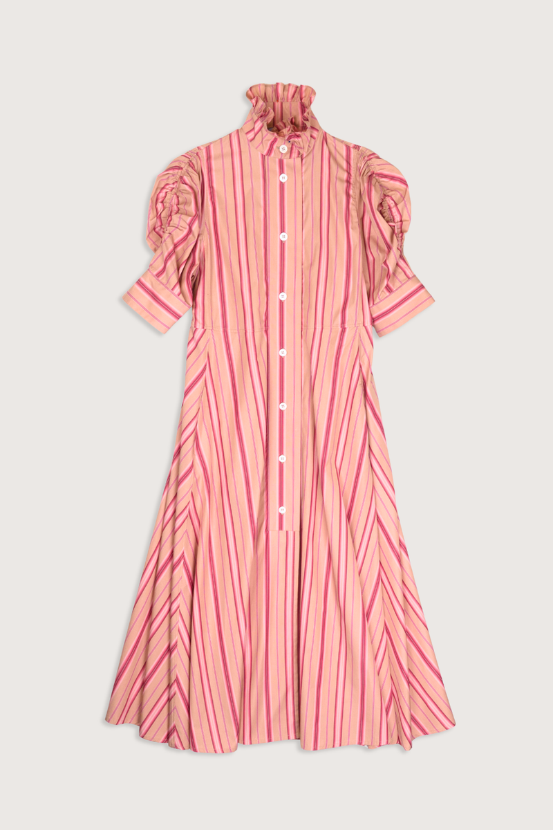 flat lay Venetia Stripe Short Sleeve Dress  biscuit pink stripe High neck with ruffle trim
Button front closure
Puff sleeves
Ruched sleeve with thick cuffs
Midi length
Vertical stripes
100% Cotton