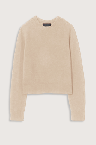 flat lay Venus Cashmere Sweater Taupe Light to medium weight gauge
Crewneck
Long sleeves
Fully fashioned along neck, sleeve and arm hole
Center back signature cableknit detail
Shorter body, not cropped
100% CASHMERE