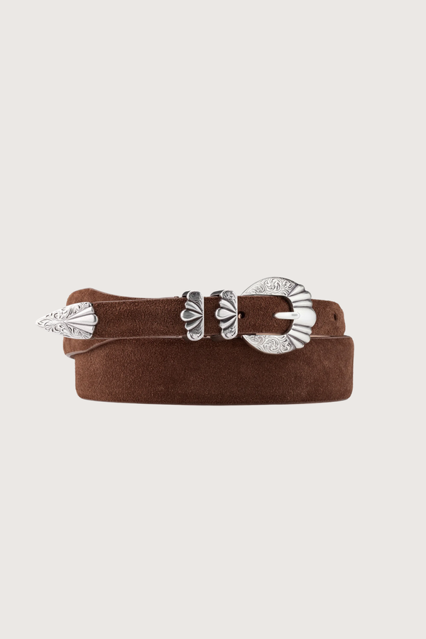 close up coiled Versailles Brown Suede Belt Hand-worked tapered silhouette, gradually shifting from 3.6 cm to 2 cm
4-piece “Versailles” buckle in an antique silver finish
100% suede
Solid brass hardware
Buckle: 2 cm
Height: 3.6 cm to 2 cm