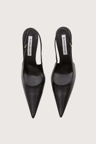 top profile Victoria 100MM Slingback Black leather Stiletto slingback style
Pointed closed toe shape
Black lacquered heel
Kid leather
Leather lining
Padded in-sock for added comfort