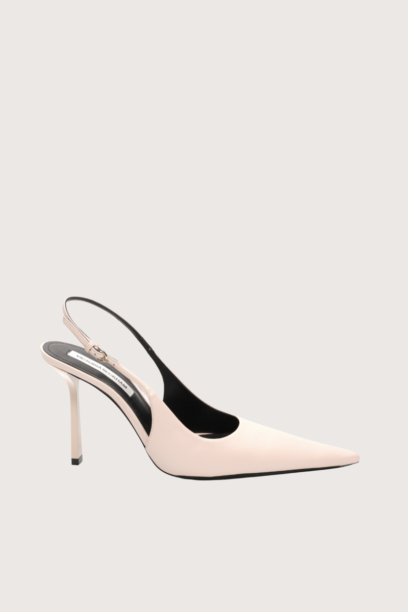 side profile Victoria 100MM Slingback Pale Rose stiletto slingback style
Pointed closed toe shape
Black lacquered heel
Kid leather
Leather lining