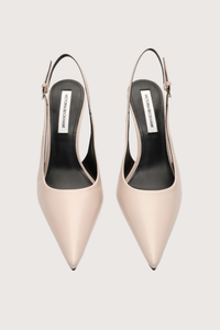 top profile Victoria 100MM Slingback Pale Rose stiletto slingback style
Pointed closed toe shape
Black lacquered heel
Kid leather
Leather lining