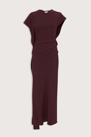 flat lay Victoria Midi Dress Fluid Cady cinnabar red Fluid drape
v-neckline
Midi length
Asymmetric hem & sleeve
Side gathers
Back neck zip
50% Viscose 47% Acetate 3% Elastane