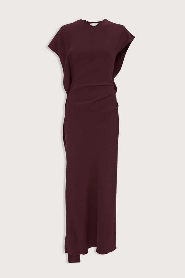 flat lay Victoria Midi Dress Fluid Cady cinnabar red Fluid drape
v-neckline
Midi length
Asymmetric hem & sleeve
Side gathers
Back neck zip
50% Viscose 47% Acetate 3% Elastane