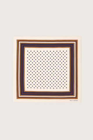 flat lay Vintage Polka Dot Scarf Silk crêpe de chine scarf cream navy rust multi-color
Vintage-inspired polka dot print with a contrast border
Finished with hand-rolled edges
Dimensions: 25.6" L × 25.6" W.
100% Silk