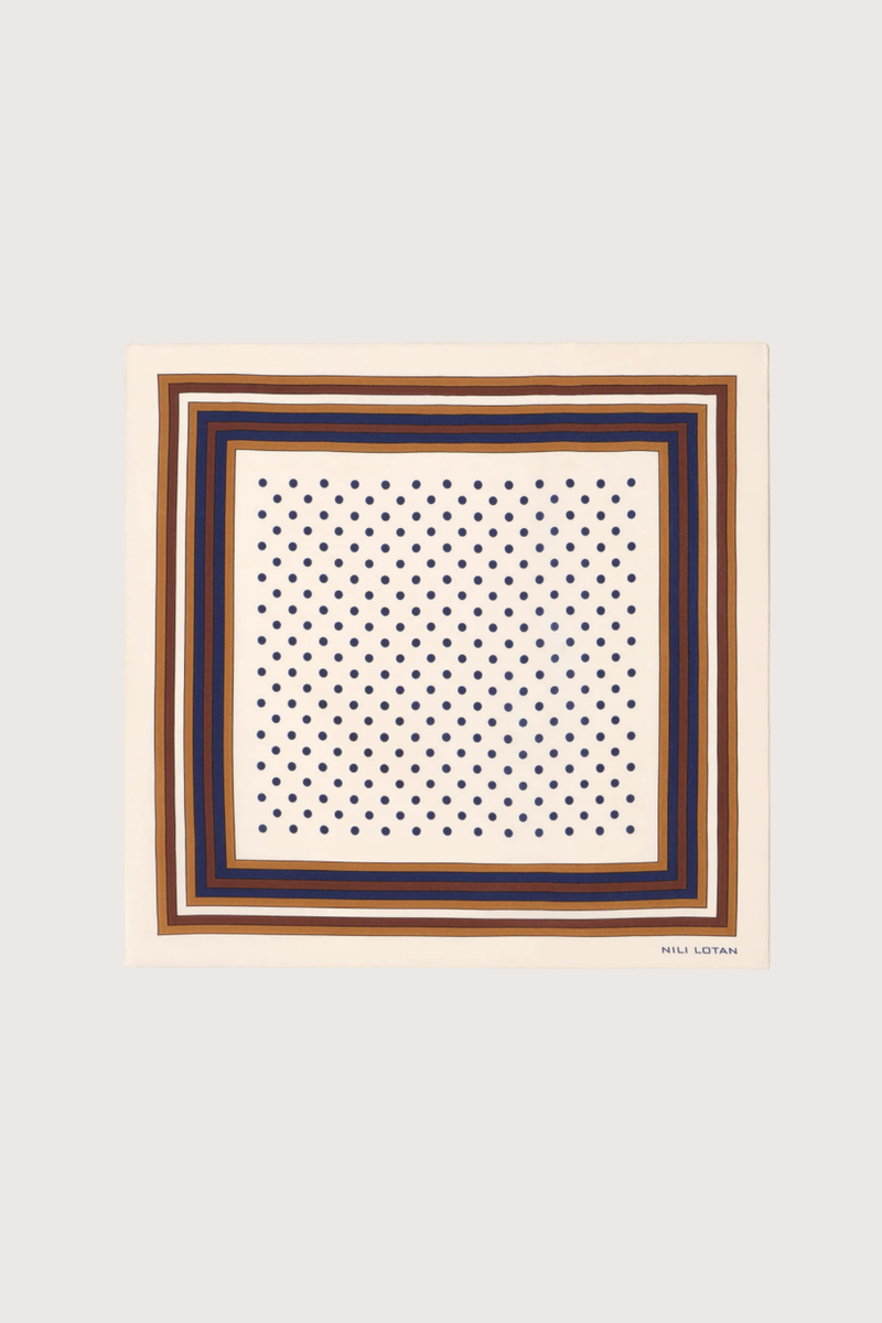 flat lay Vintage Polka Dot Scarf Silk crêpe de chine scarf cream navy rust multi-color
Vintage-inspired polka dot print with a contrast border
Finished with hand-rolled edges
Dimensions: 25.6" L × 25.6" W.
100% Silk