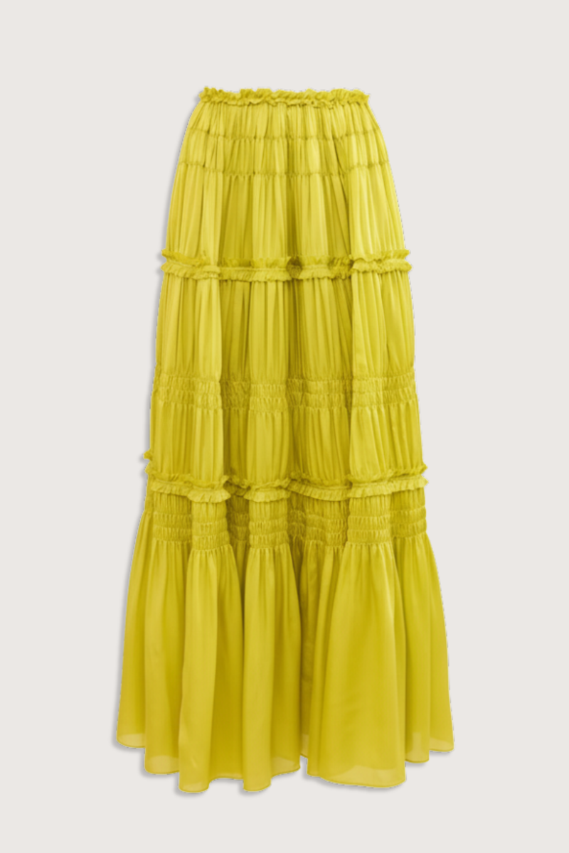 flat lay Virginie Ruffled Skirt chartreuse silk Gossamer, crinkled chiffon
Midi skirt
Softly ruched tiers
Petite ruffles
Satin-faced silk chiffon
Midi length, elastic waist
Slip-on style