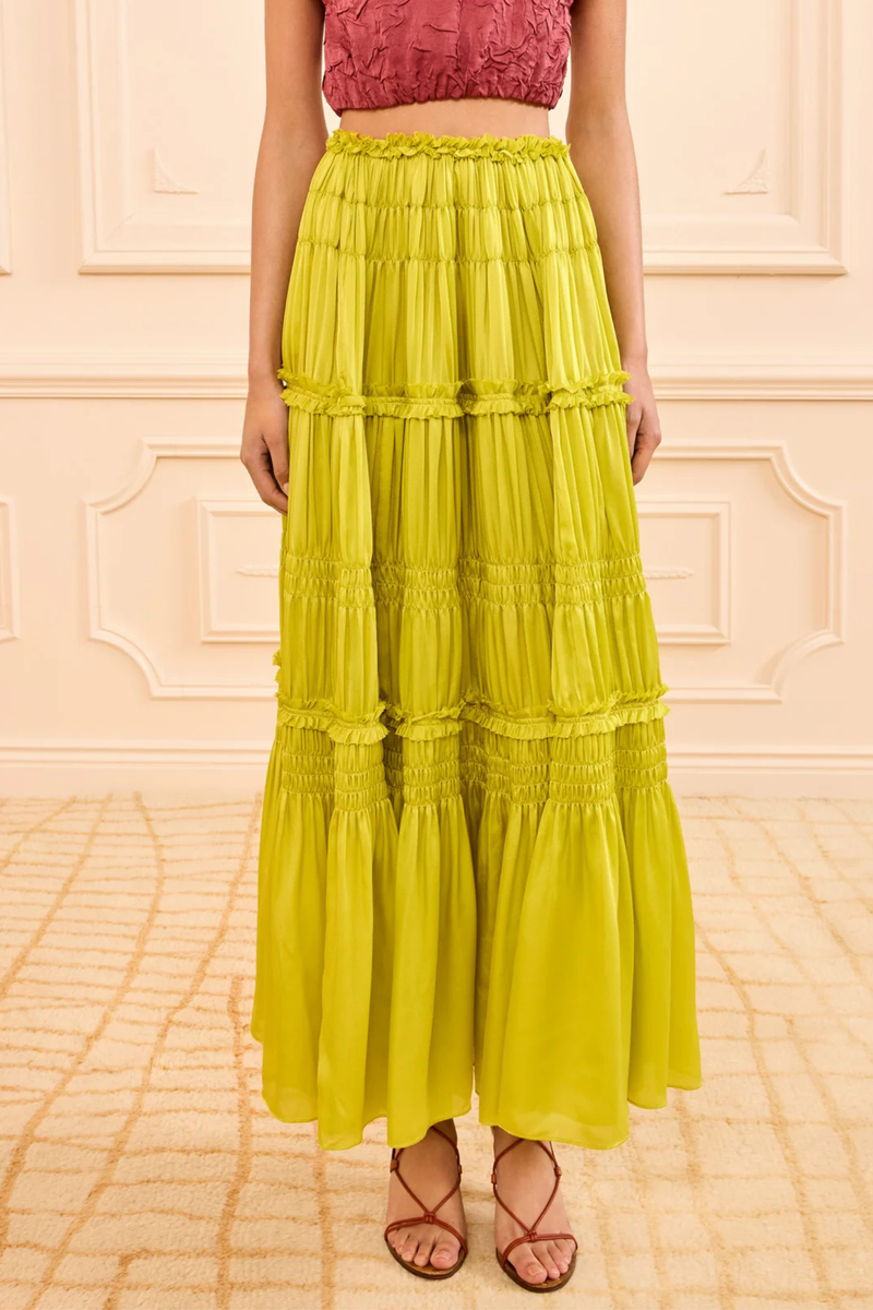 front profile model wearing  Virginie Ruffled Skirt chartreuse silk Gossamer, crinkled chiffon
Midi skirt
Softly ruched tiers
Petite ruffles
Satin-faced silk chiffon
Midi length, elastic waist
Slip-on style