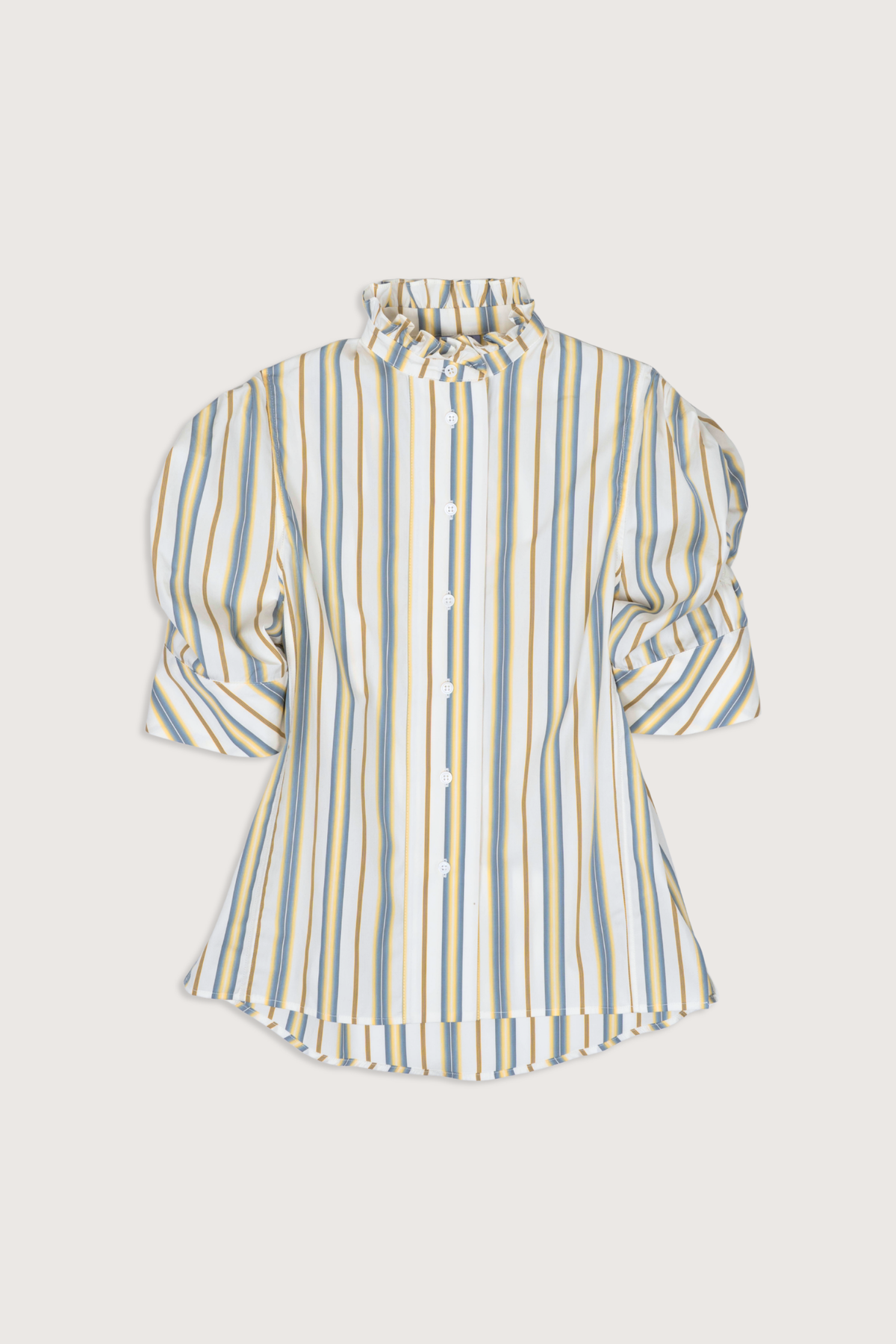 flat lay Vita Stripe Short Sleeve Top yellow grey stripe Puff sleeves
Vertical stripe pattern
Ruched sleeves with thick cuffs
High collar with ruffles
Button front

Side slit
100% Cotton