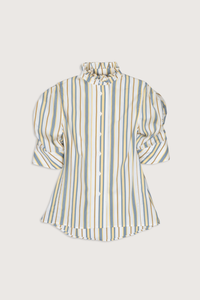 flat lay Vita Stripe Short Sleeve Top yellow grey stripe Puff sleeves
Vertical stripe pattern
Ruched sleeves with thick cuffs
High collar with ruffles
Button front

Side slit
100% Cotton
