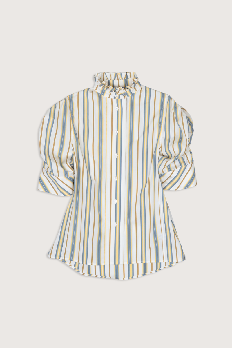 flat lay Vita Stripe Short Sleeve Top yellow grey stripe Puff sleeves
Vertical stripe pattern
Ruched sleeves with thick cuffs
High collar with ruffles
Button front

Side slit
100% Cotton