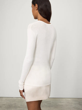 back profile model wearing Vivian Cotton Cashmere Ribbed T-Shirt Salt long sleeve