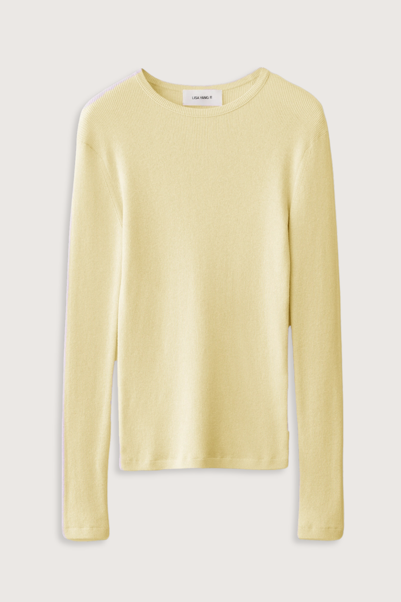 flat lay Vivian Cotton Cashmere T-Shirt Limone Single rib knit cashmere blended with cotton
Fitted silhouette
Round neck
Full-length sleeves
Straight hem
Subtle all-over rib