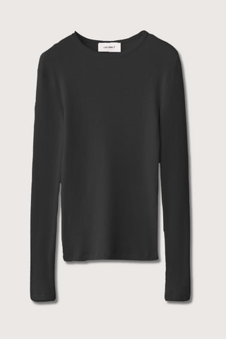 flat lay Vivian Cotton Cashmere T-Shirt Noir fitted slim crewneck long sleeve