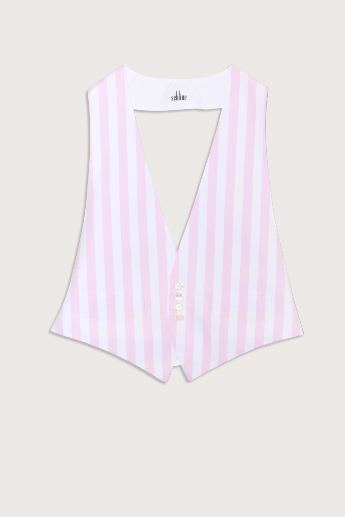 flat lay Waistcoat Cotton
Halter top style vest
Adjustable back strap
4 button front closure
pink and white vertical stripe
sleeveless
backless