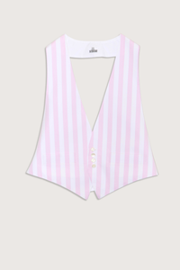 flat lay Waistcoat Cotton
Halter top style vest
Adjustable back strap
4 button front closure
pink and white vertical stripe
sleeveless
backless