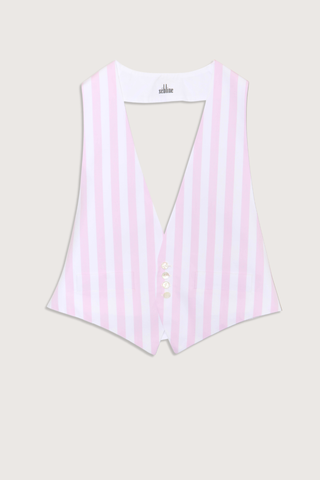 flat lay Waistcoat Cotton
Halter top style vest
Adjustable back strap
4 button front closure
pink and white vertical stripe
sleeveless
backless